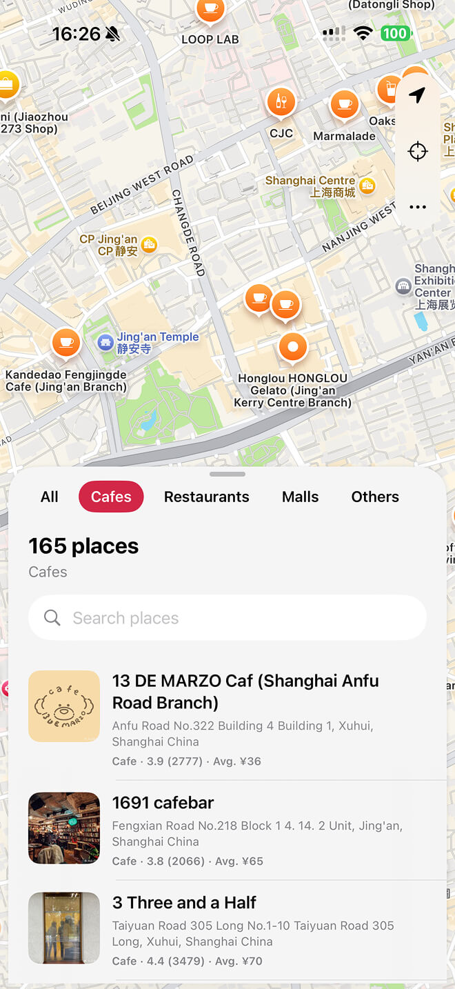 Map of trending cafés and restaurants in Shanghai in the app